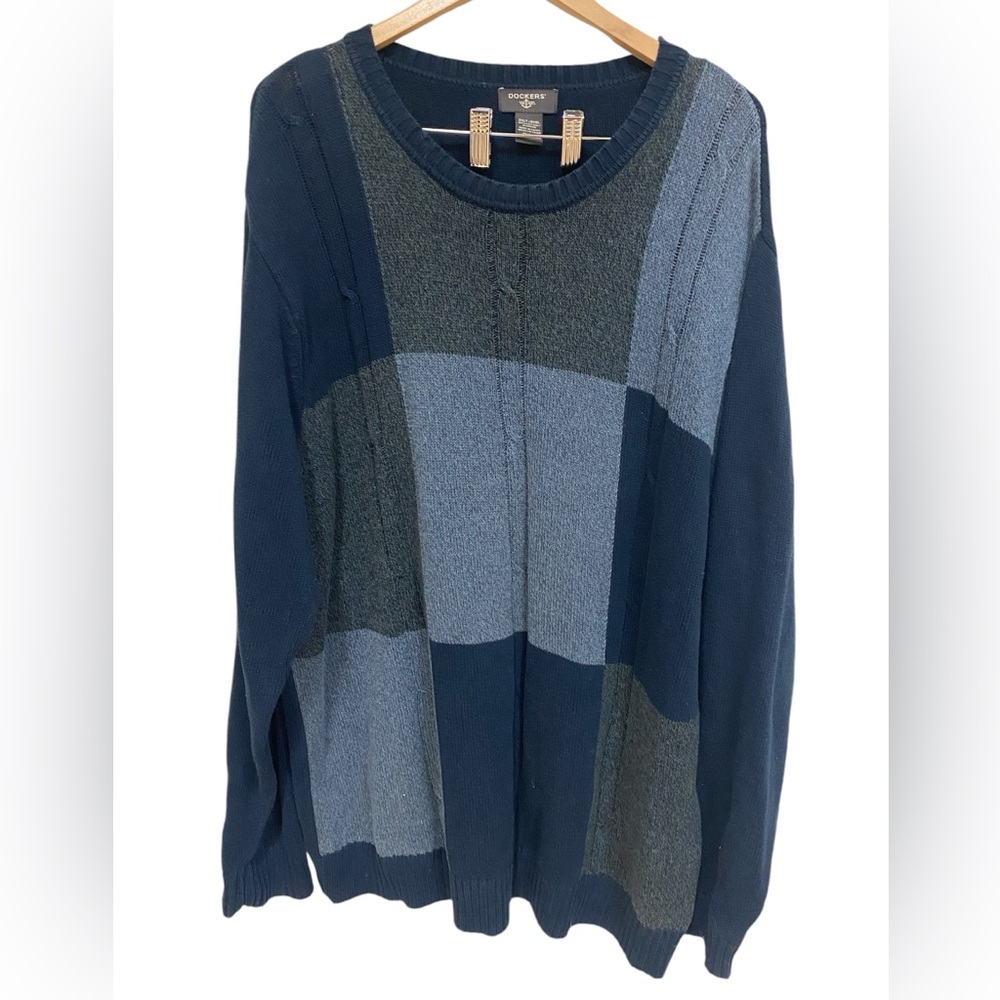 Dockers Men’s Knit Sweater Crew Neck 2XL Tall Color Block Blue 100% Cotton